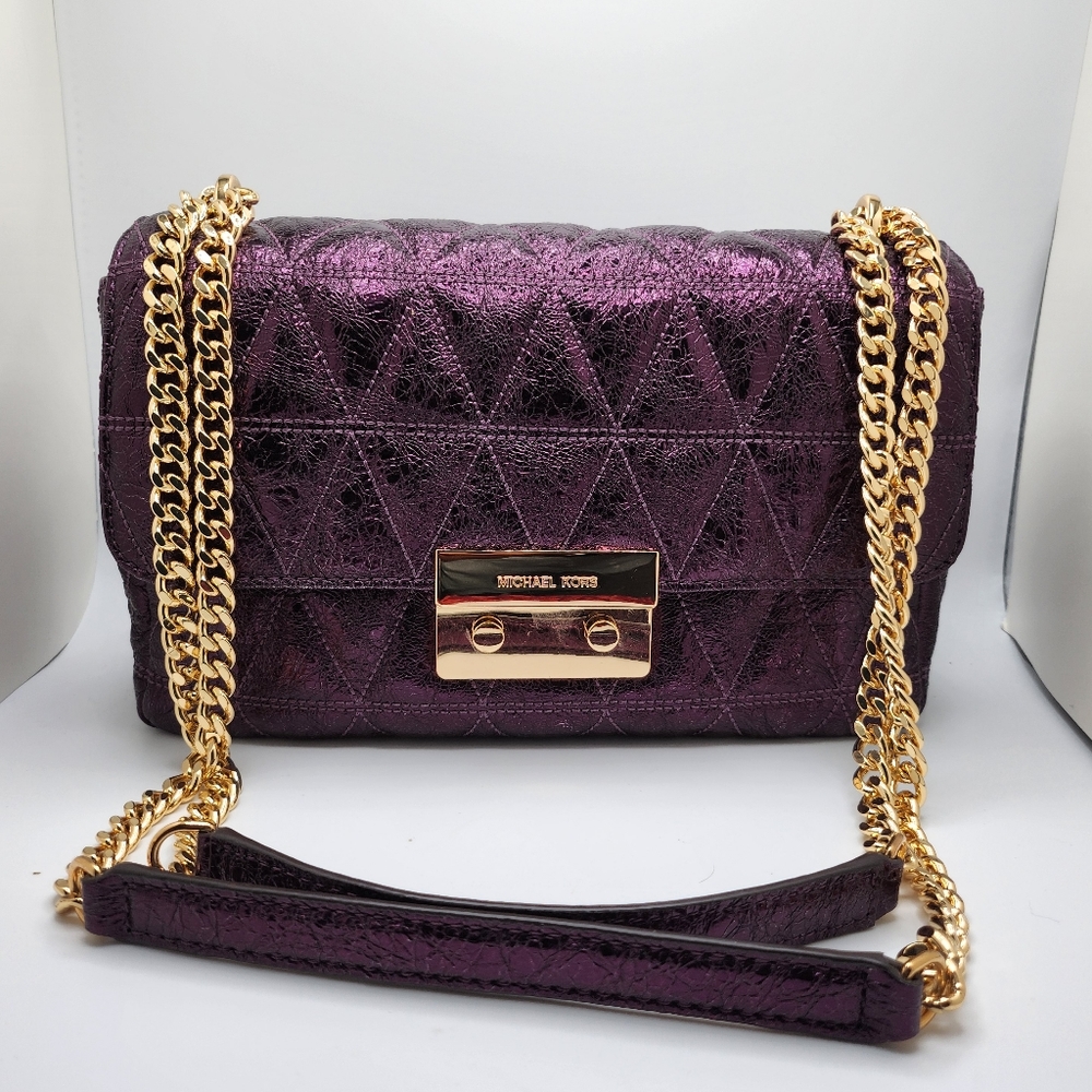 Michael Kors Sloan Large Chain Shoulder Bag damson pyramid quilt leather